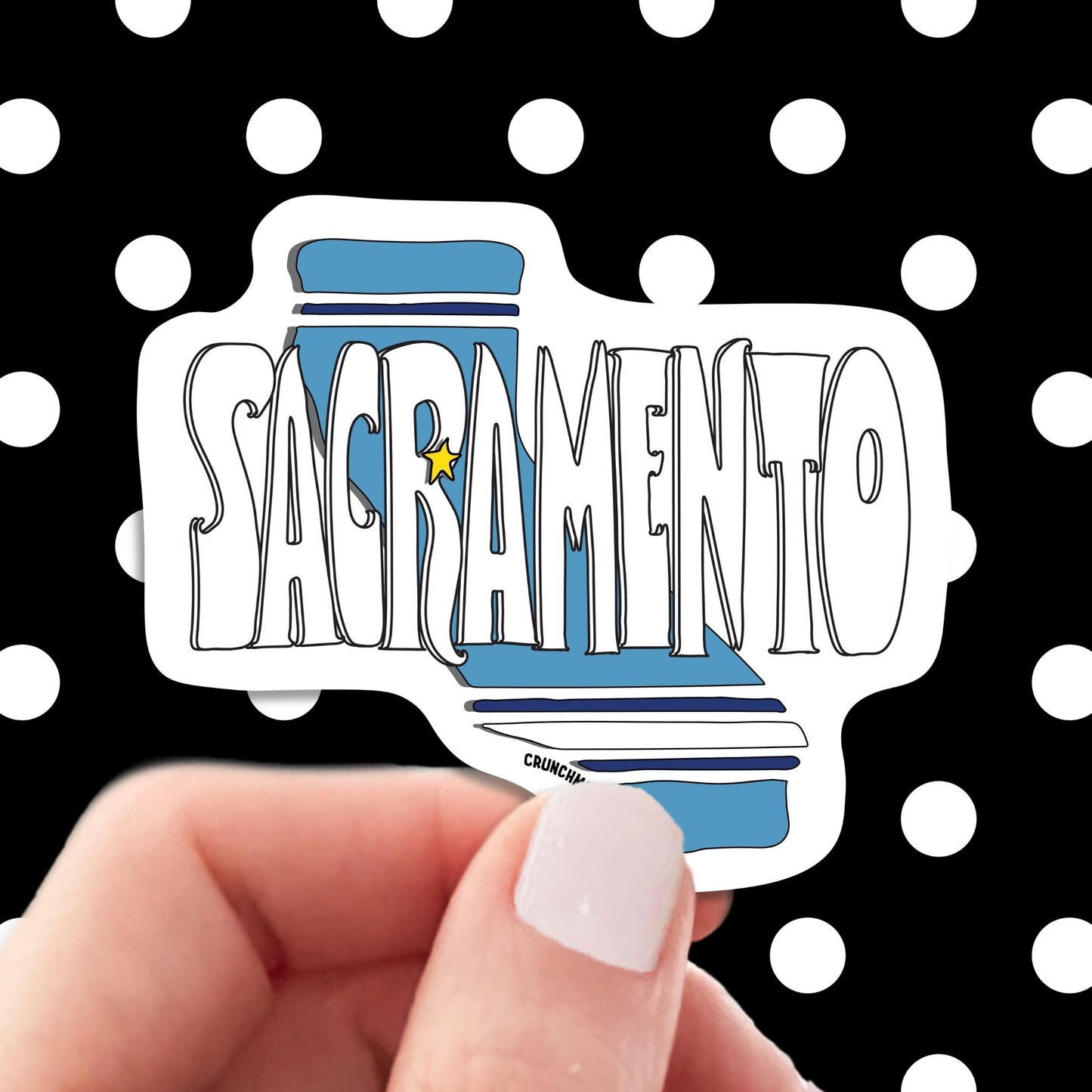 sacramento travel luggage sticker, hand display, polka dots pattern design background