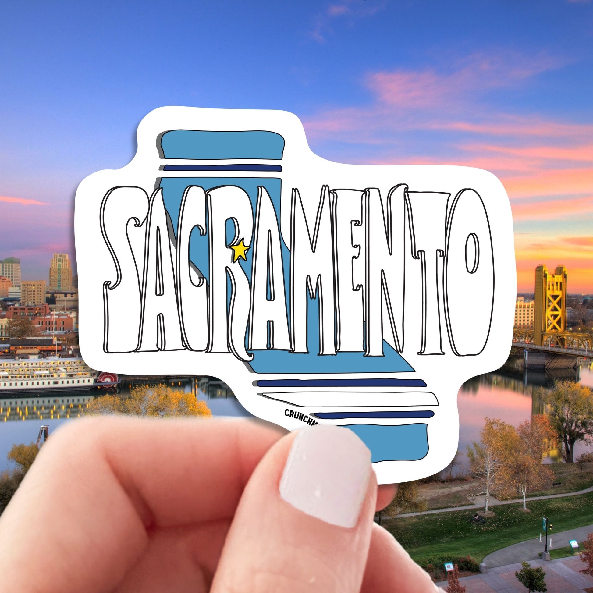 sacramento travel luggage sticker, hand display, sacramento cityscape background
