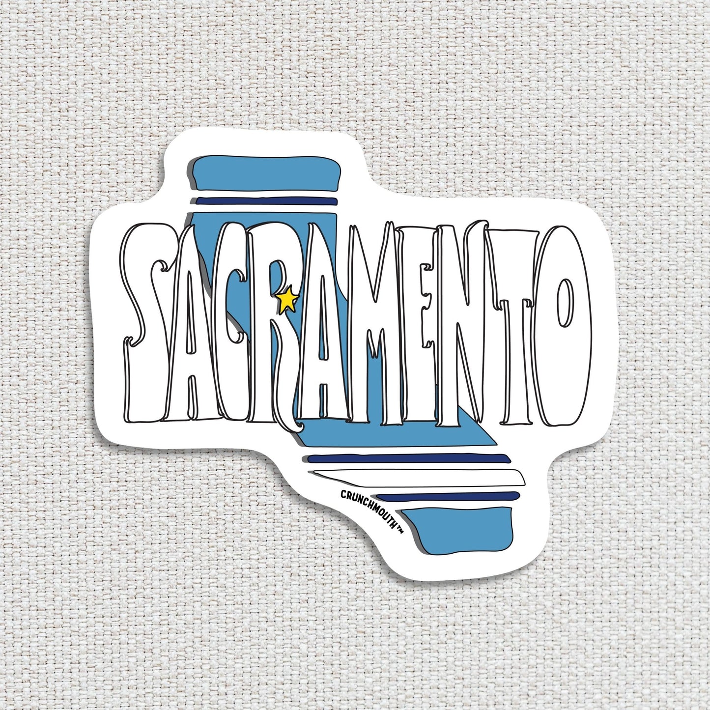 sacramento travel luggage sticker, textured fabric background
