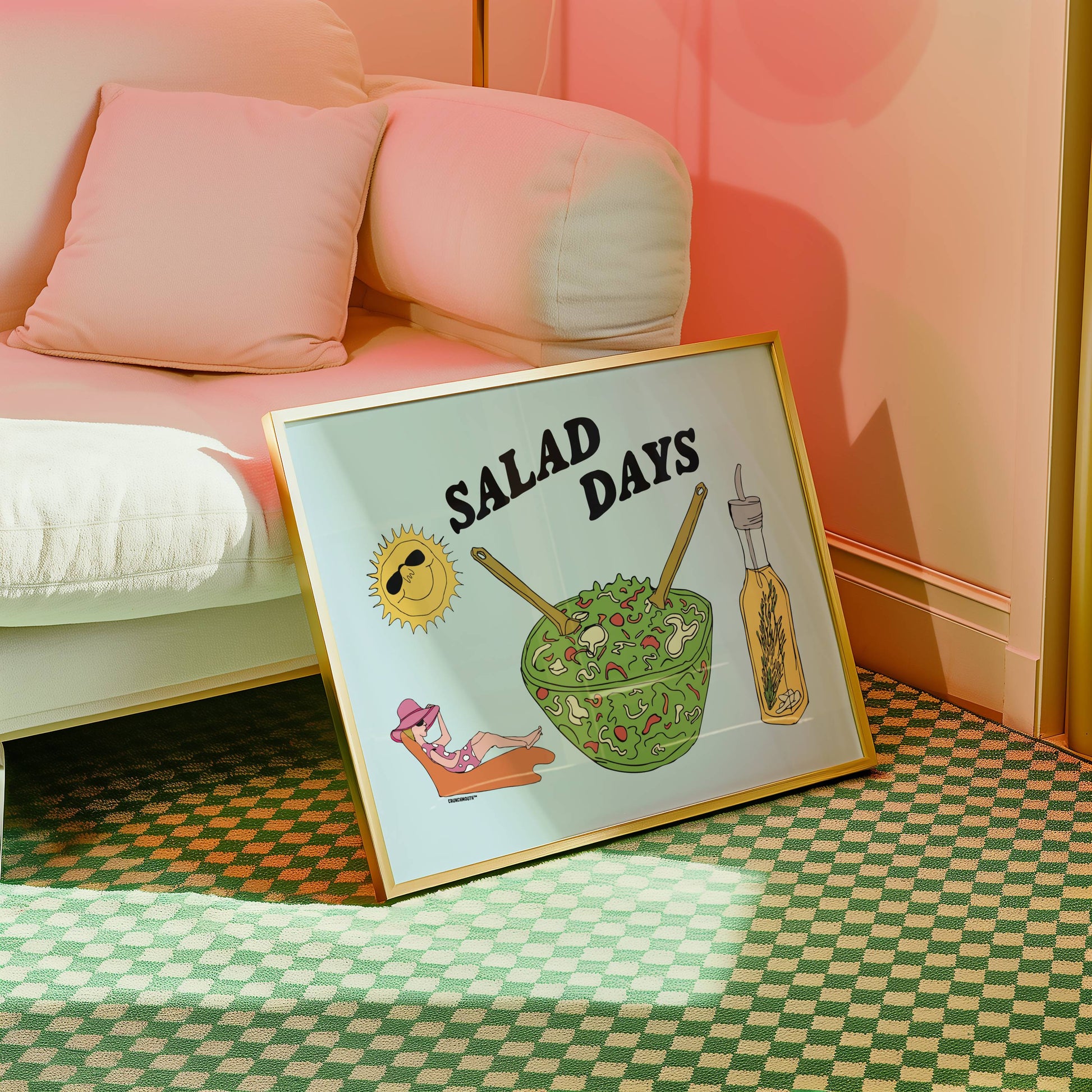 salad days wall art, displayed in in context in home, leaning against couch