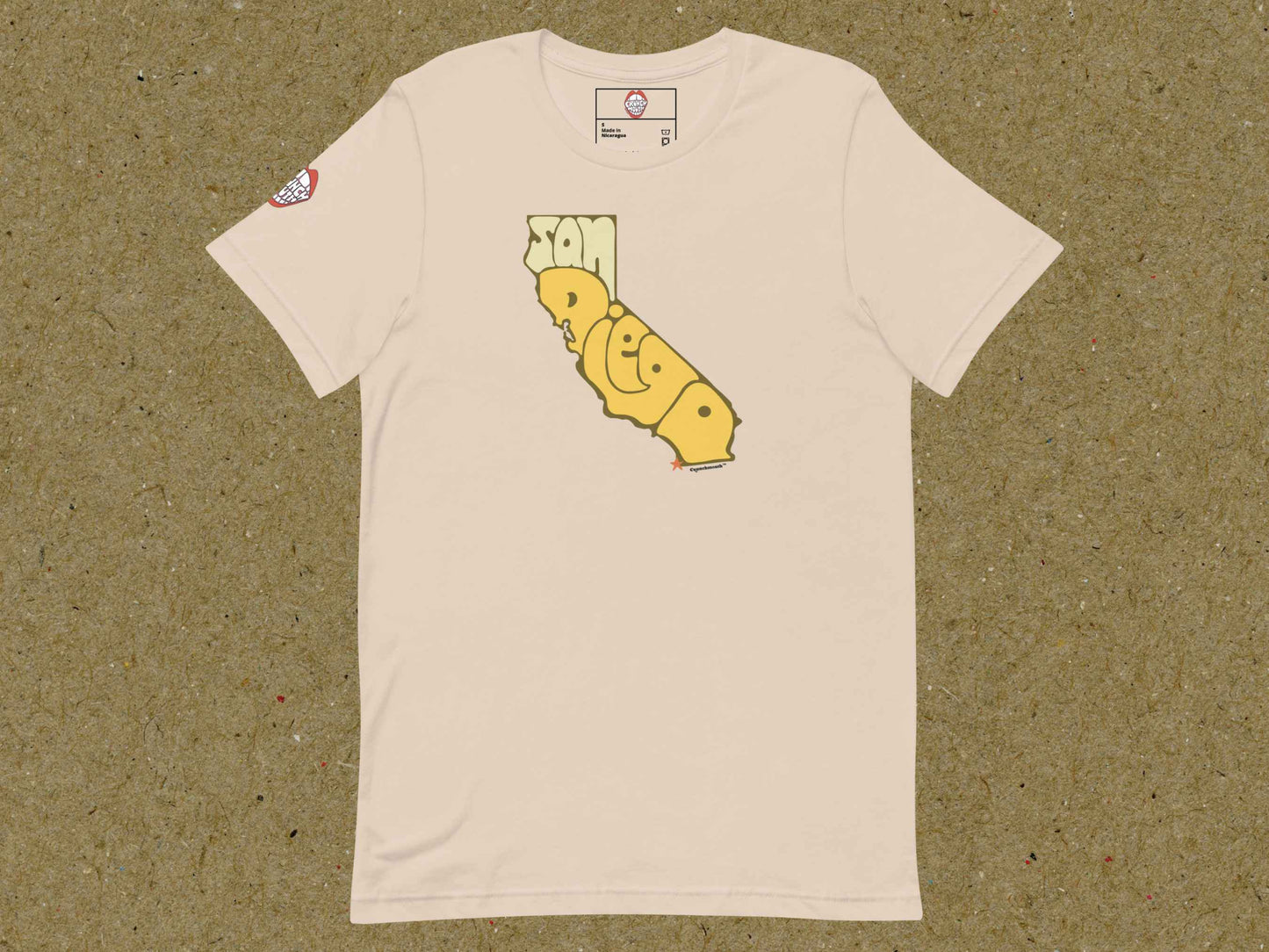 san diego shirt, retro t shirts, flat, front, brown textured background