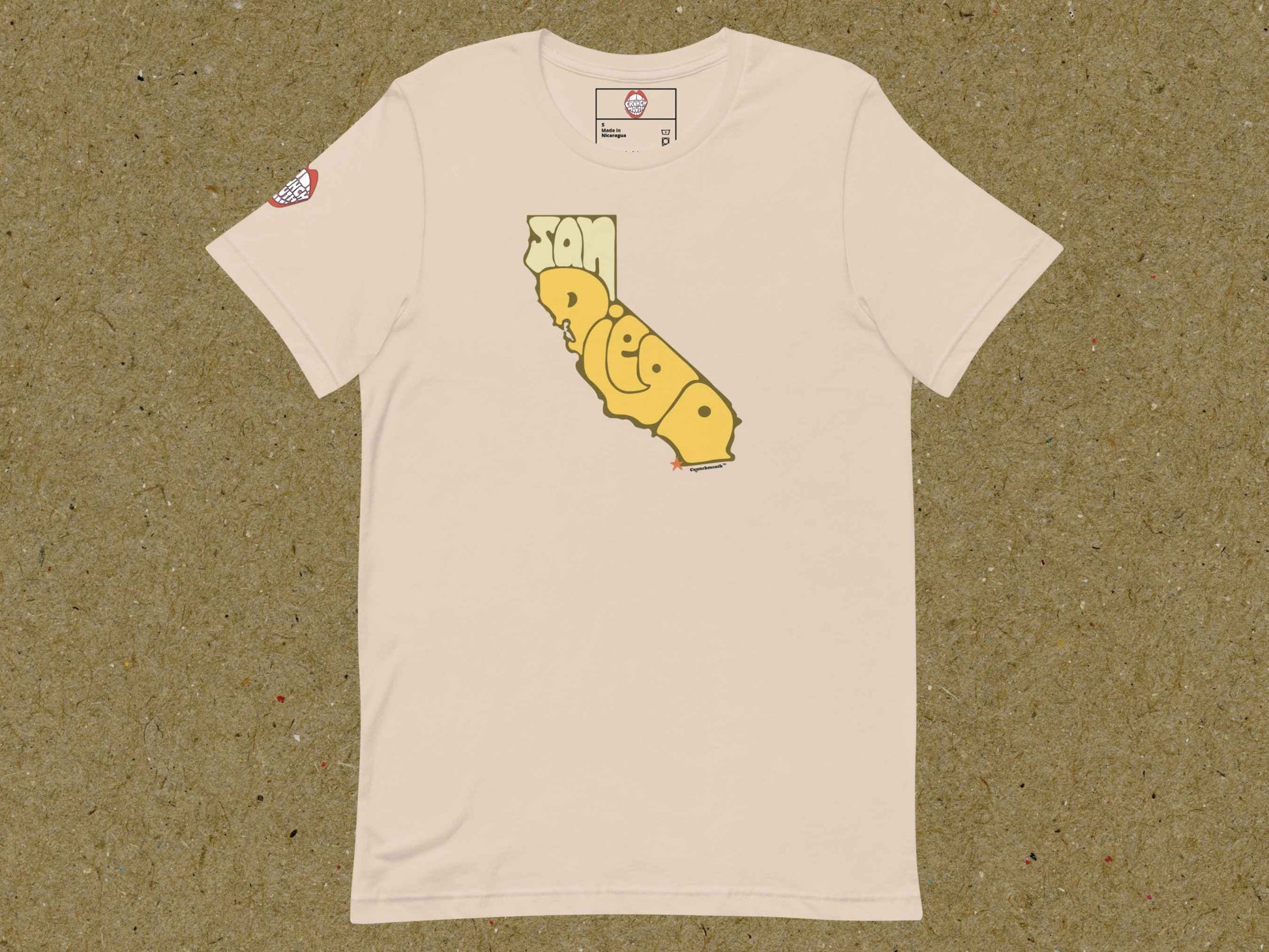 san diego shirt, retro t shirts, flat, front, brown textured background