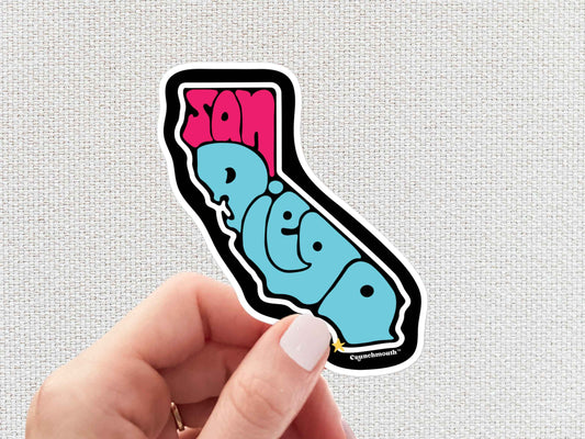 san diego sticker, hand display, white textured background