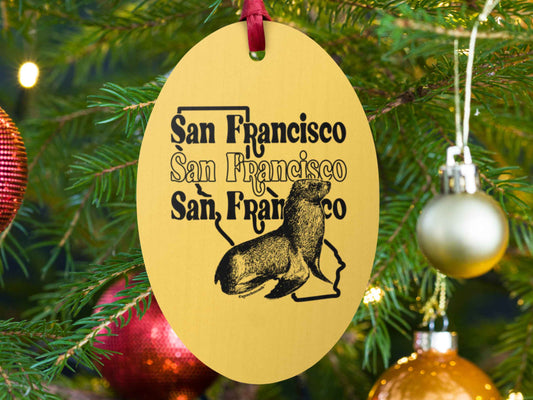 san francisco ornament, retro Christmas ornaments, front, Christmas tree background