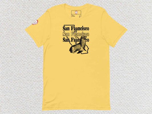 san francisco shirt, souvenir t shirts, flat, front, light color textured background