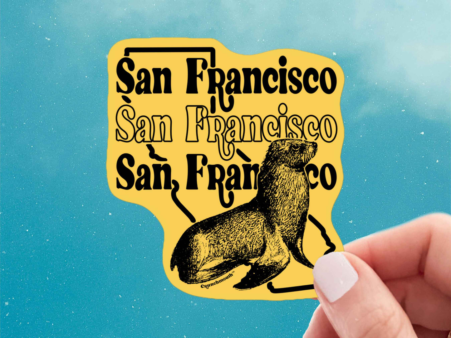 san francisco sticker, travel luggage stickers, hand display, blue sky background