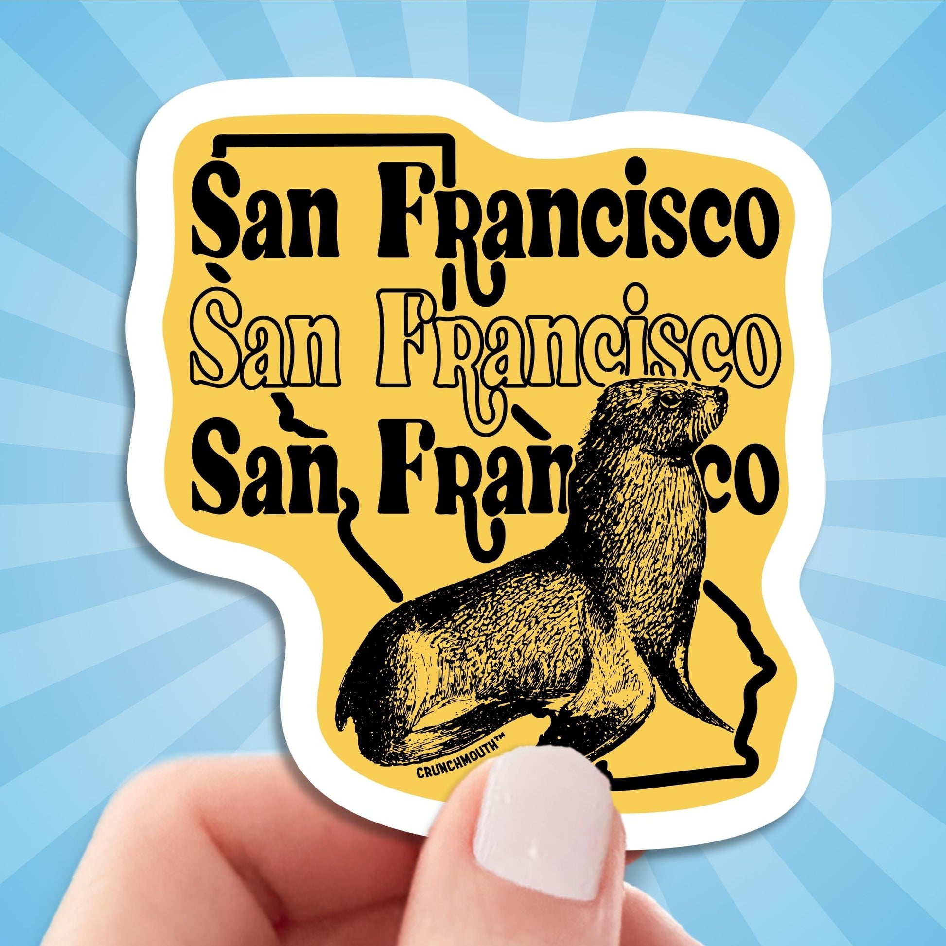 san francisco travel luggage sticker, hand display, sun rays design background