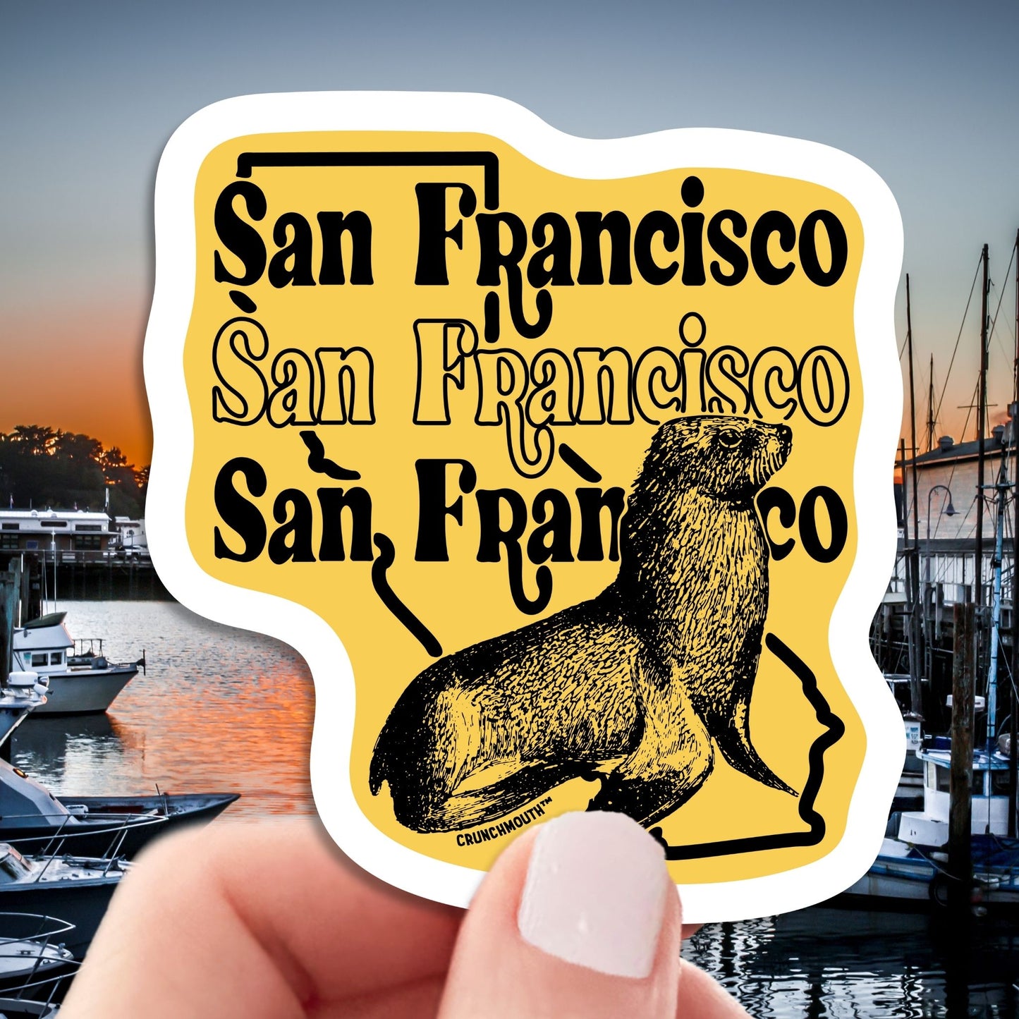 san francisco travel luggage sticker, hand display, fisherman's wharf background