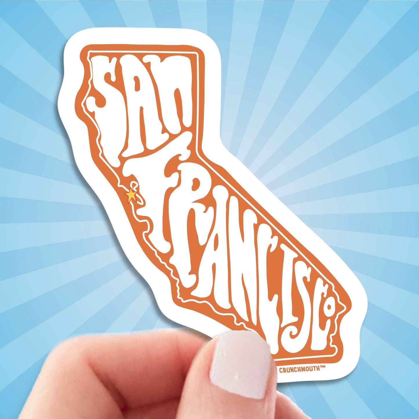 san francisco travel luggage sticker, hand display, sun rays design background