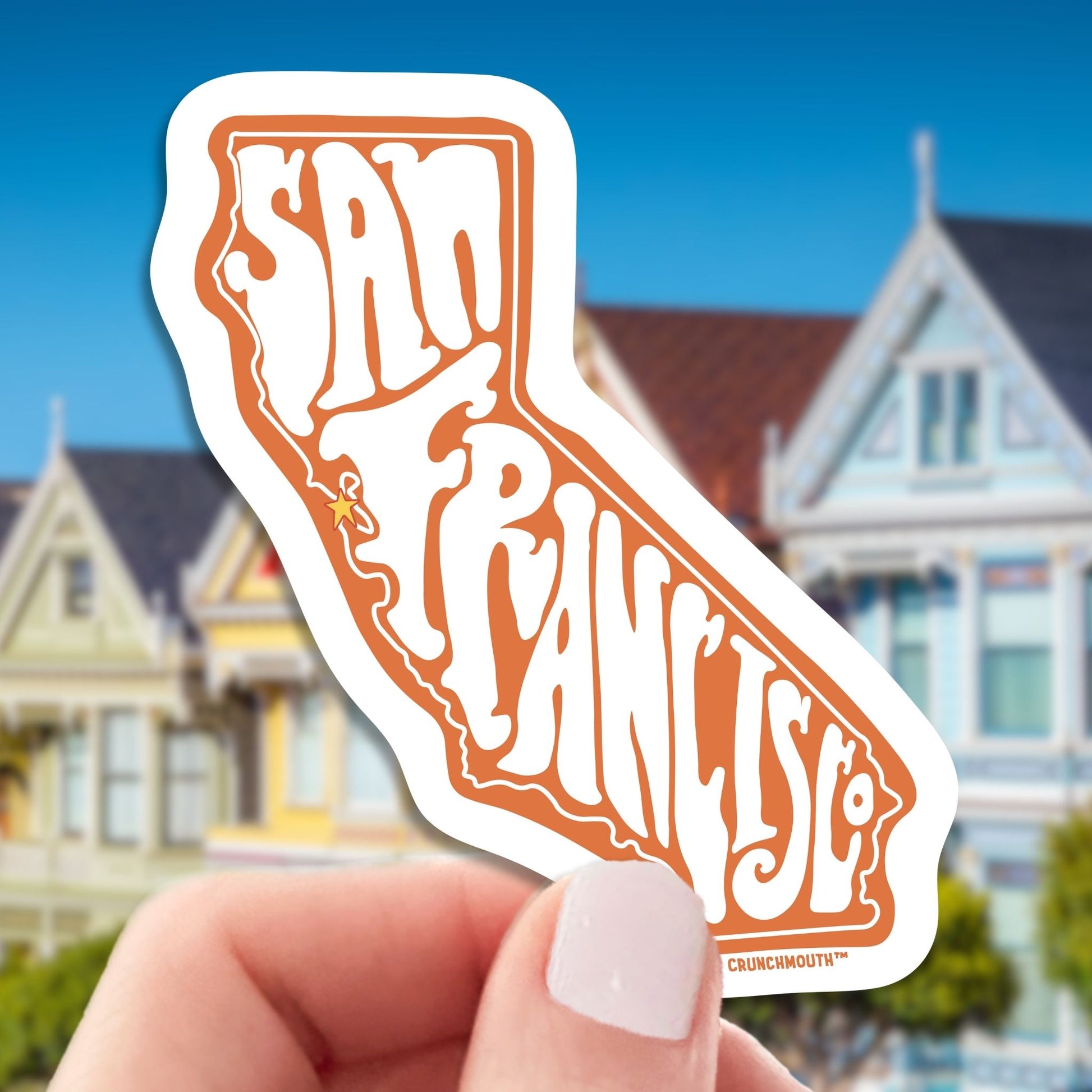 san francisco travel luggage sticker, hand display, painted ladies houses at alamo square background