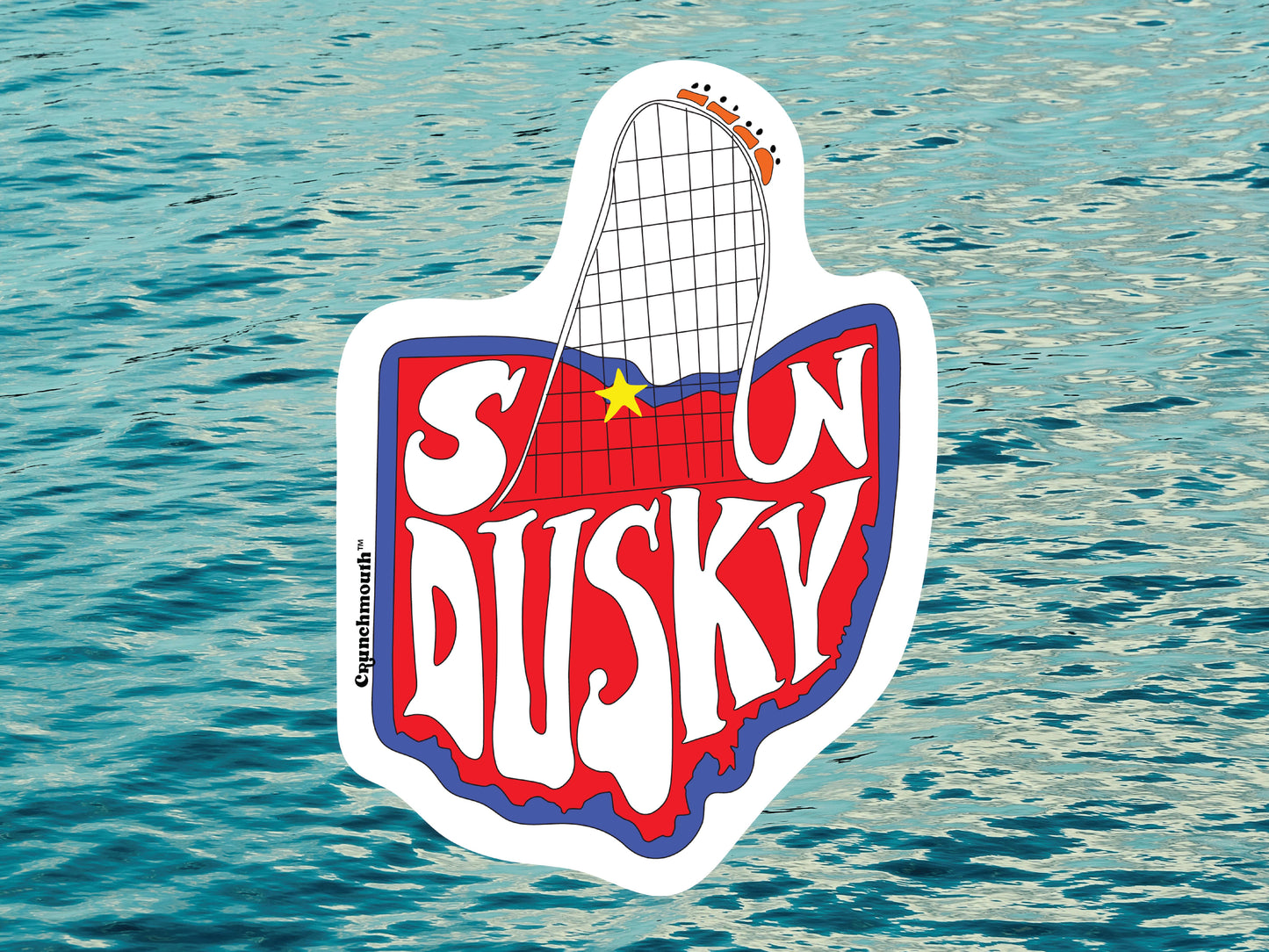 sandusky laptop sticker, blue ocean water background