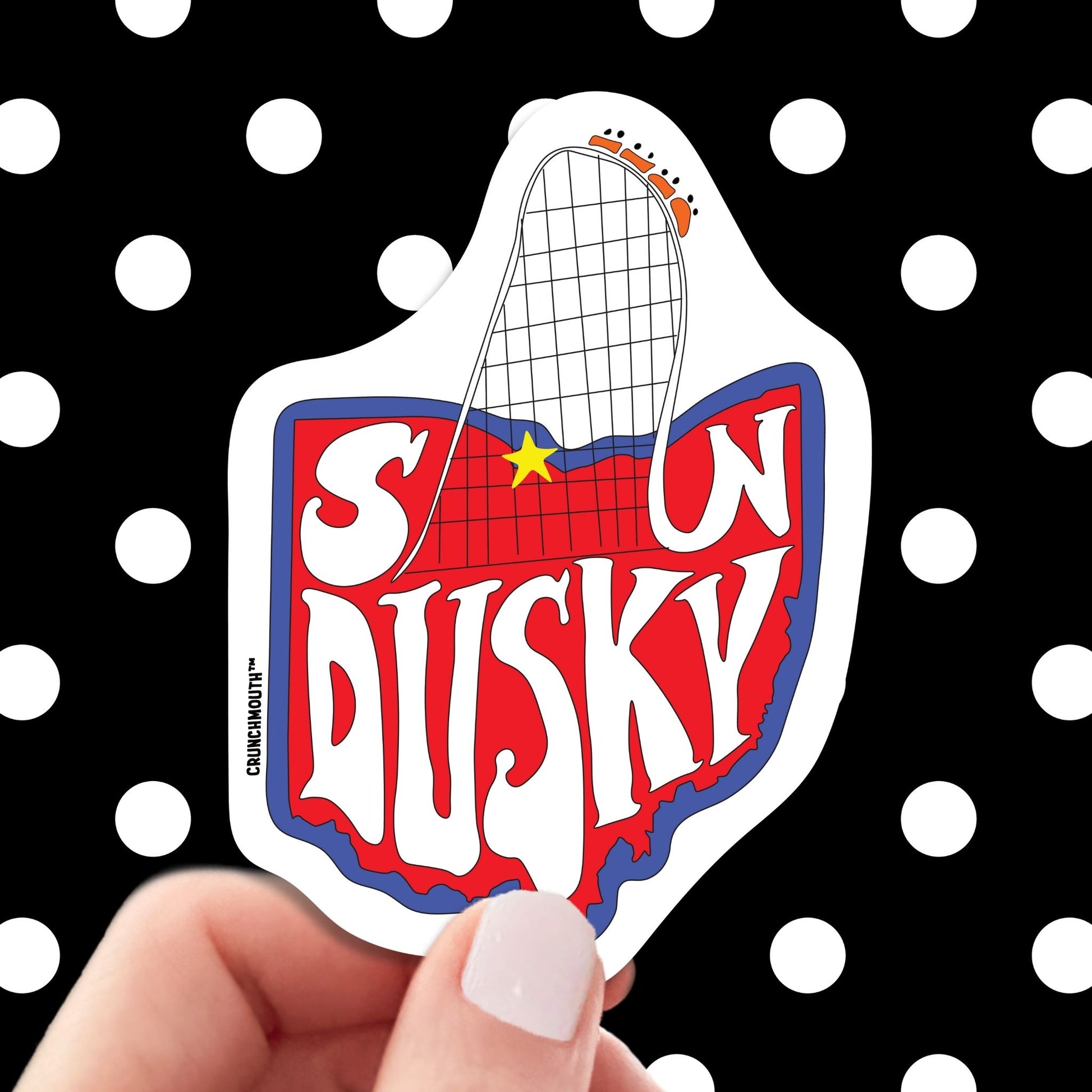 sandusky ohio travel luggage sticker, hand display, polka dots pattern design background