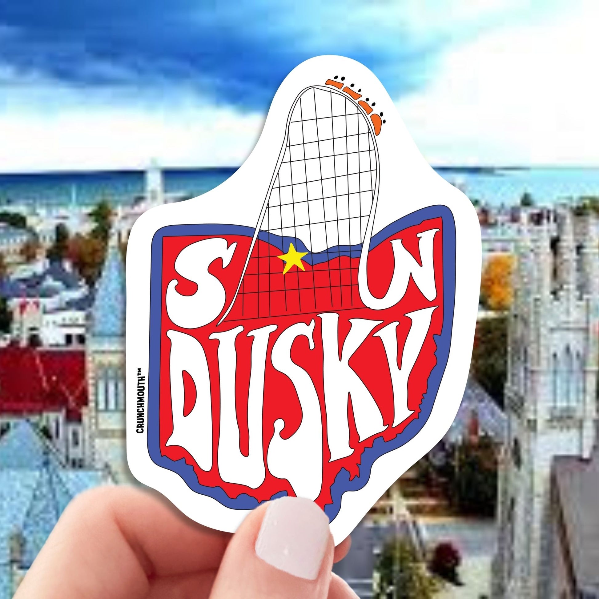 sandusky ohio travel luggage sticker, hand display, sandusky cityscape background