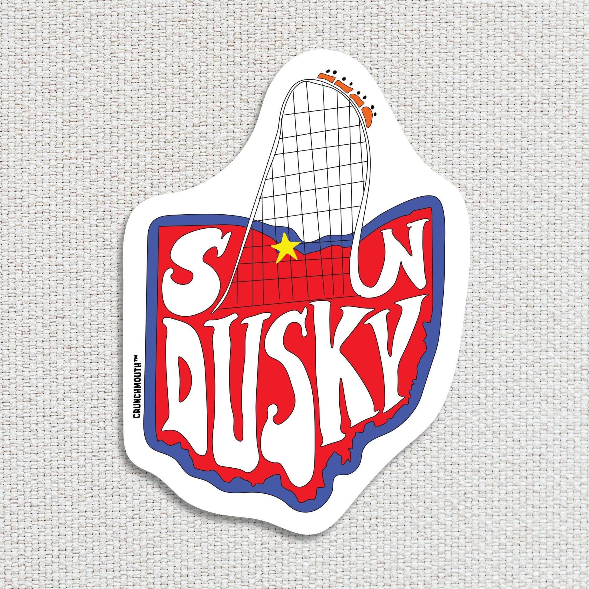 sandusky ohio travel luggage sticker, hand display, textured fabric background