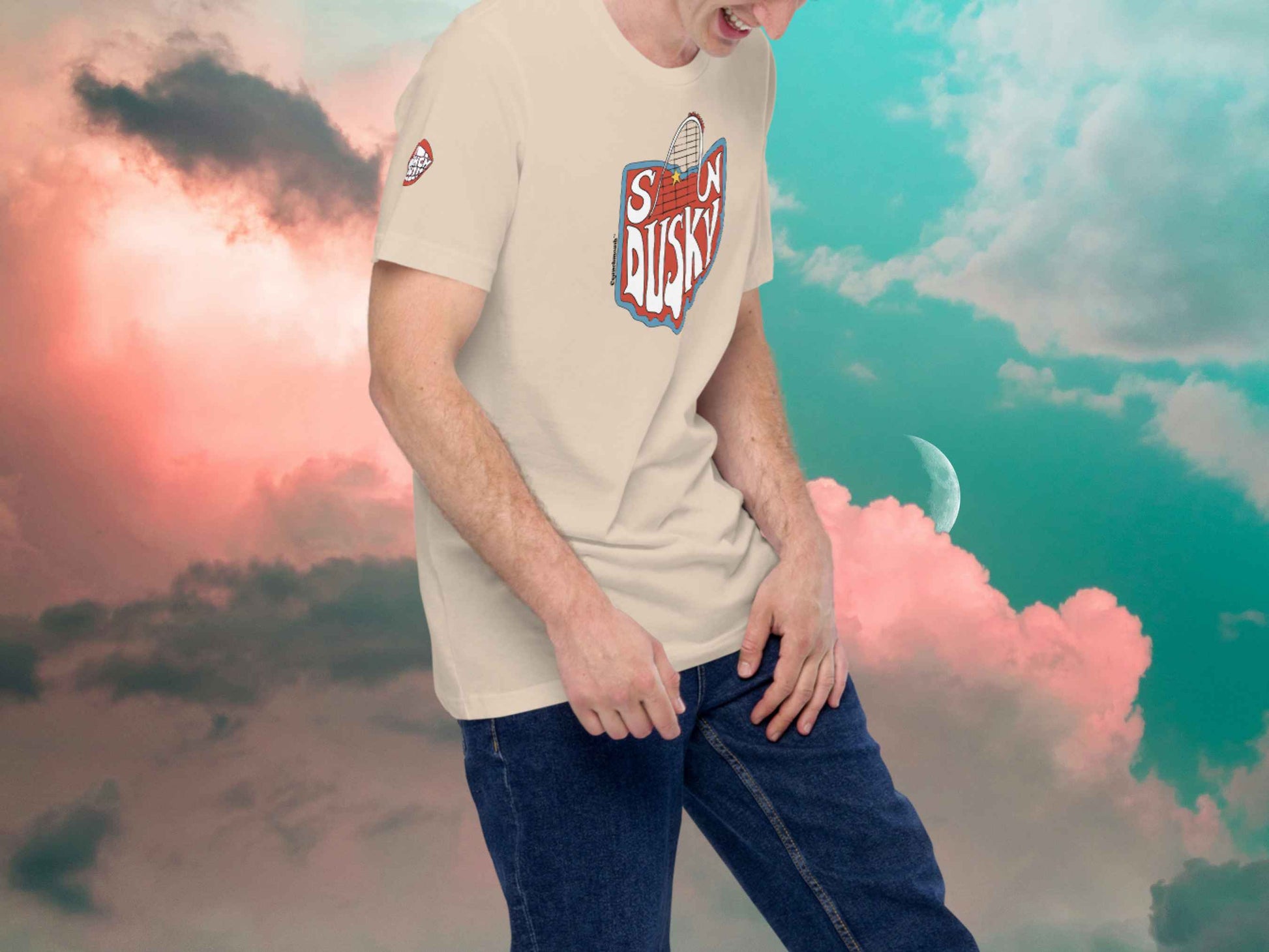 sandusky shirt, roller coaster shirts, front right, male model, cloud sky background