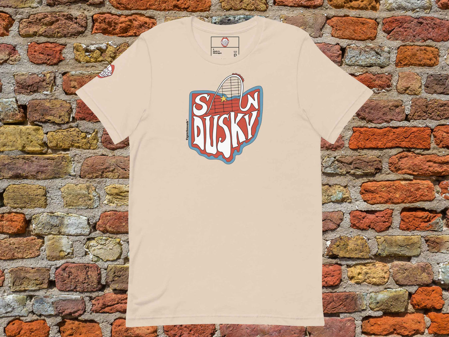 sandusky shirt, roller coaster shirts, front, flat, red brick wall background