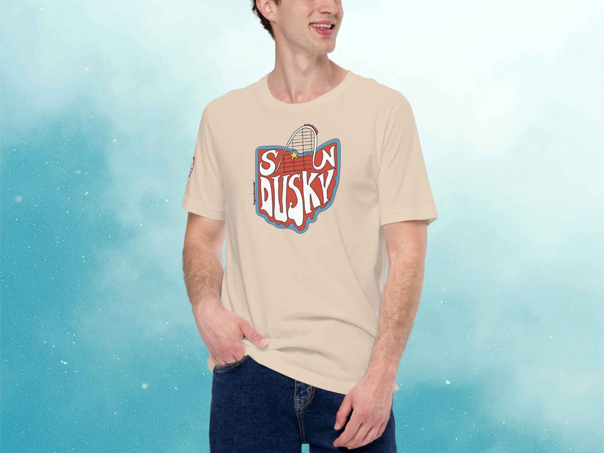 sandusky shirt, roller coaster shirts, front, male model, blue sky background