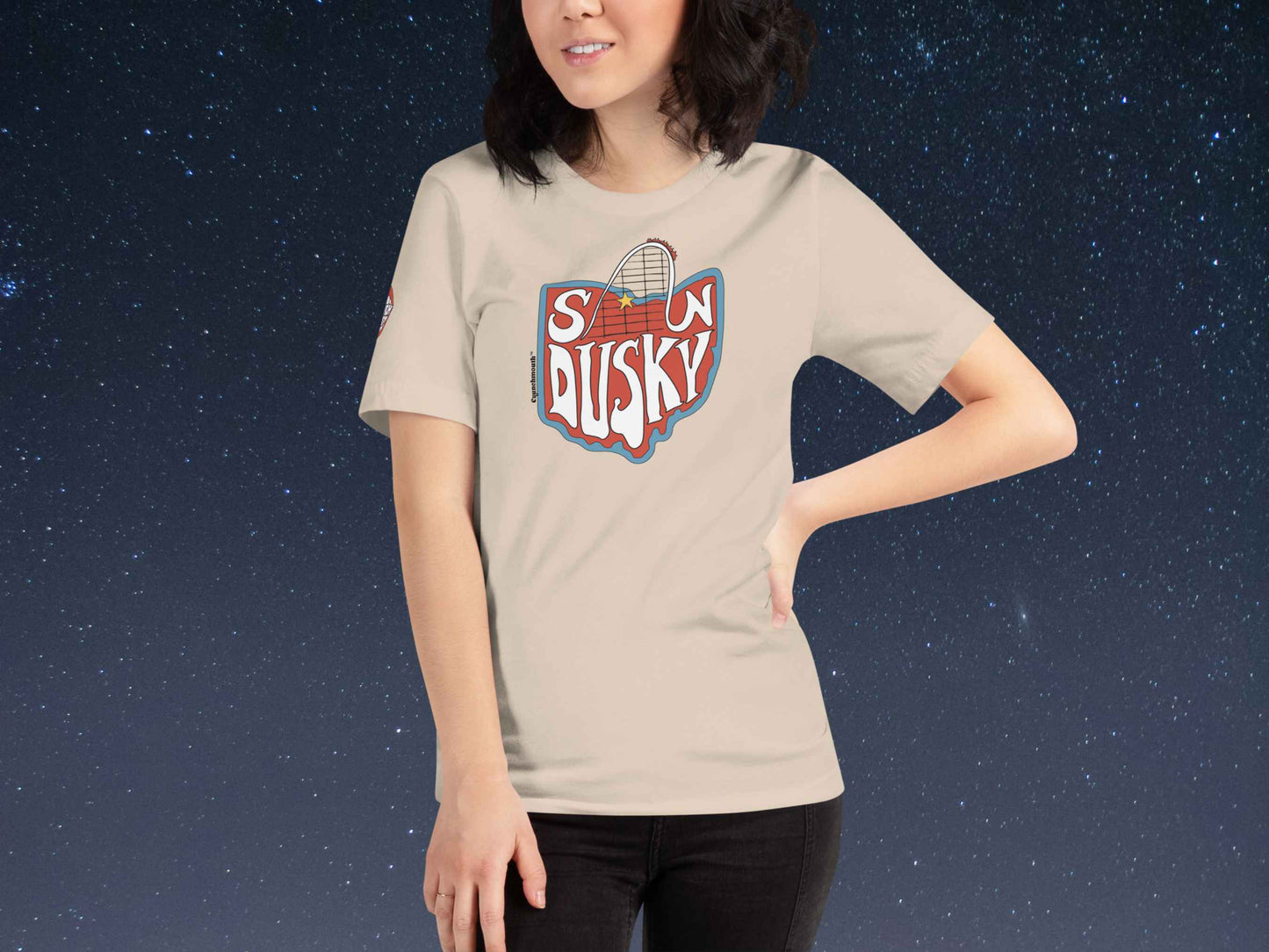 sandusky shirt, roller coaster shirts, front, female model, starry night sky background