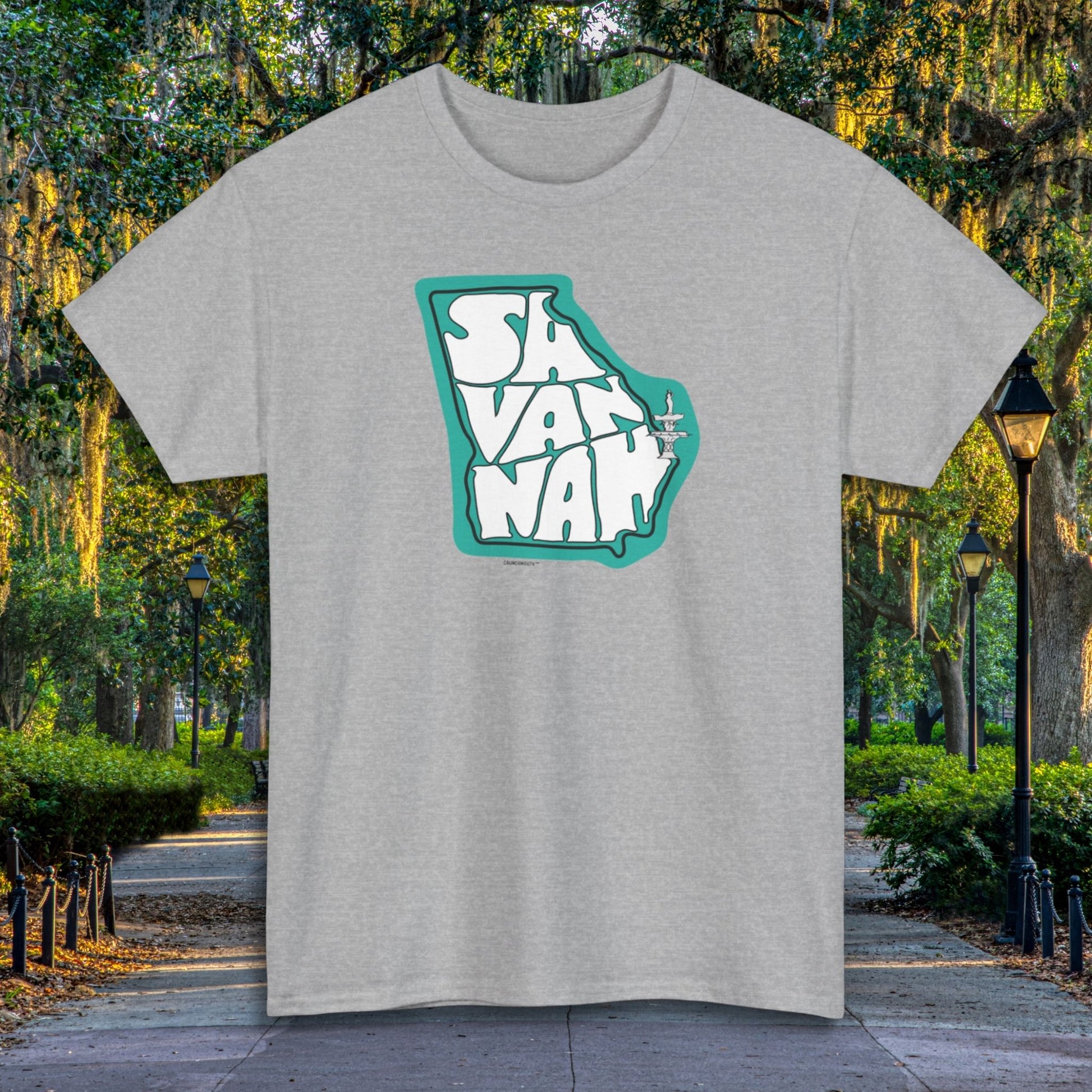 savannah georgia shirt, front, sport grey color, the fountain at forsyth park background