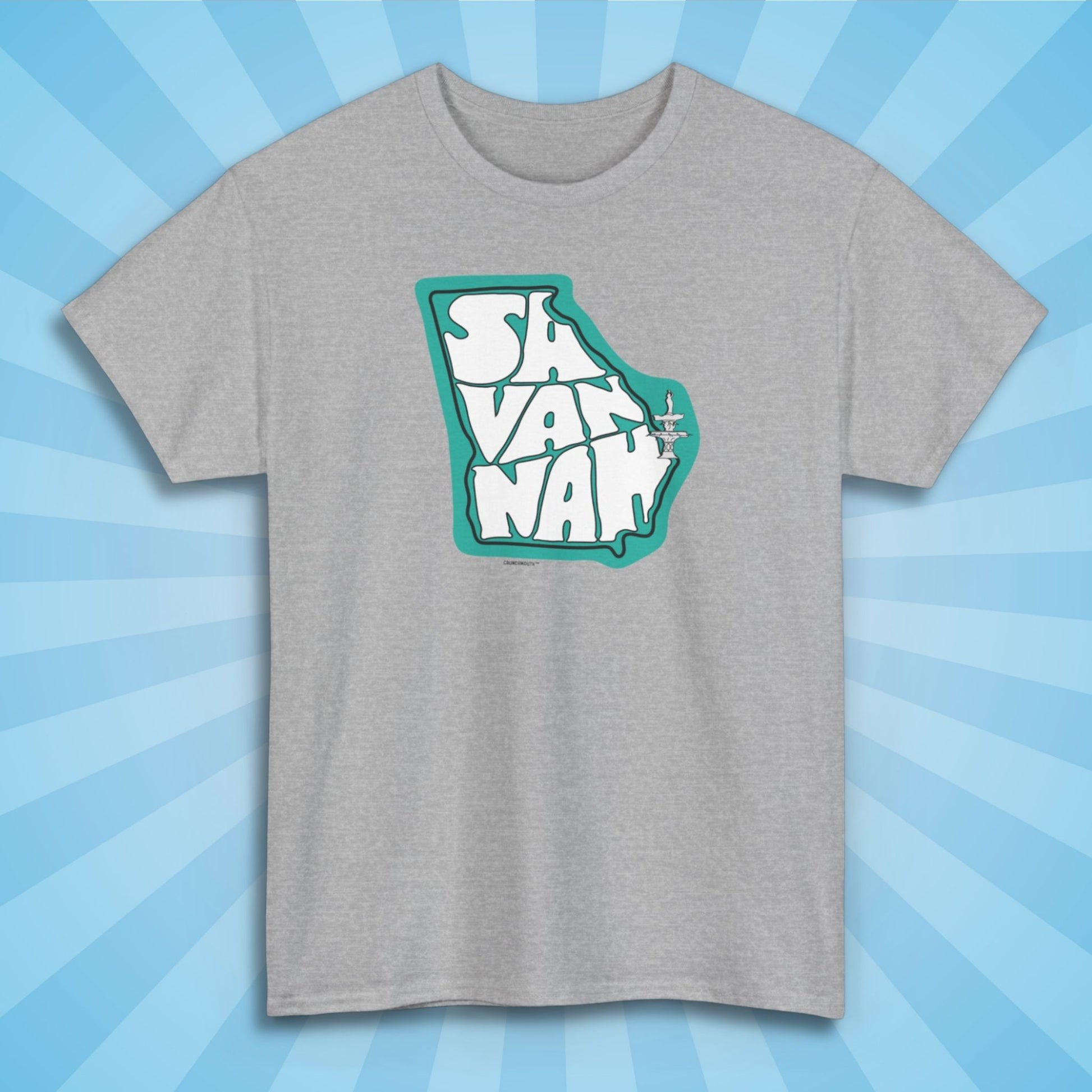 savannah georgia shirt, front, sport grey color, sun rays design background