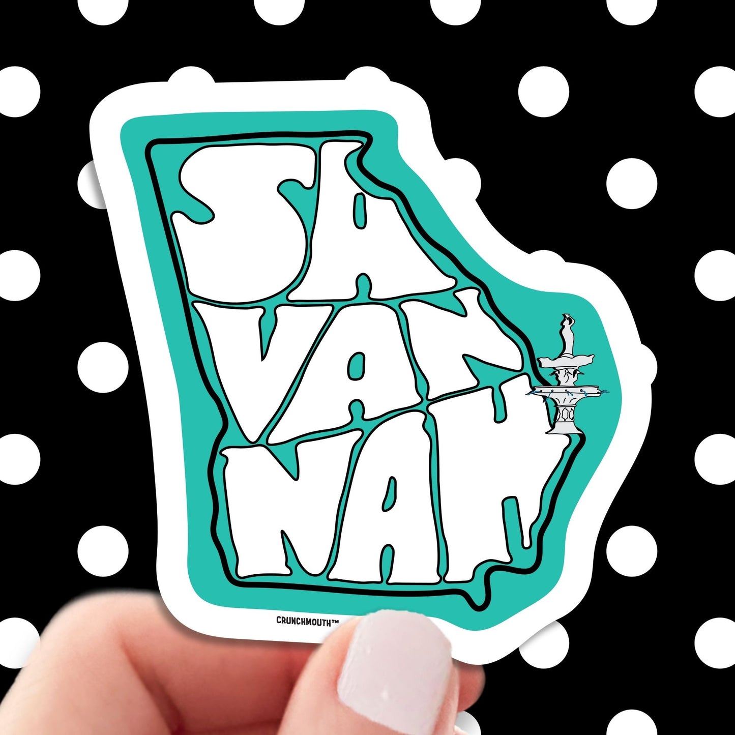 savannah georgia travel luggage sticker, hand display, polka dots pattern design background
