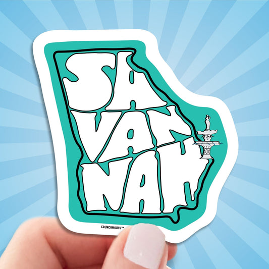 savannah georgia travel luggage sticker, hand display, sun rays design background