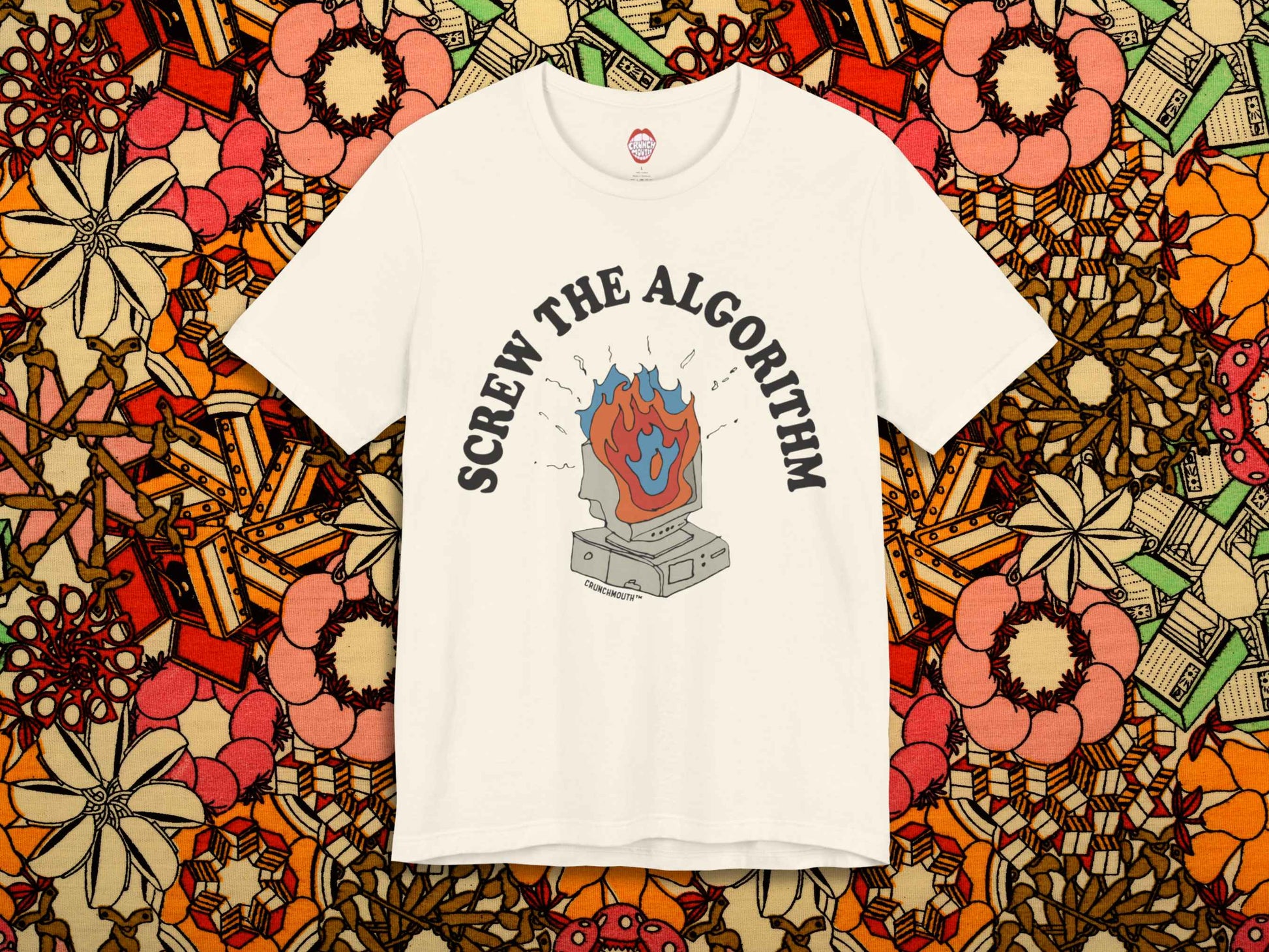 screw the algorithm t shirt, front, 1960s floral fabric background