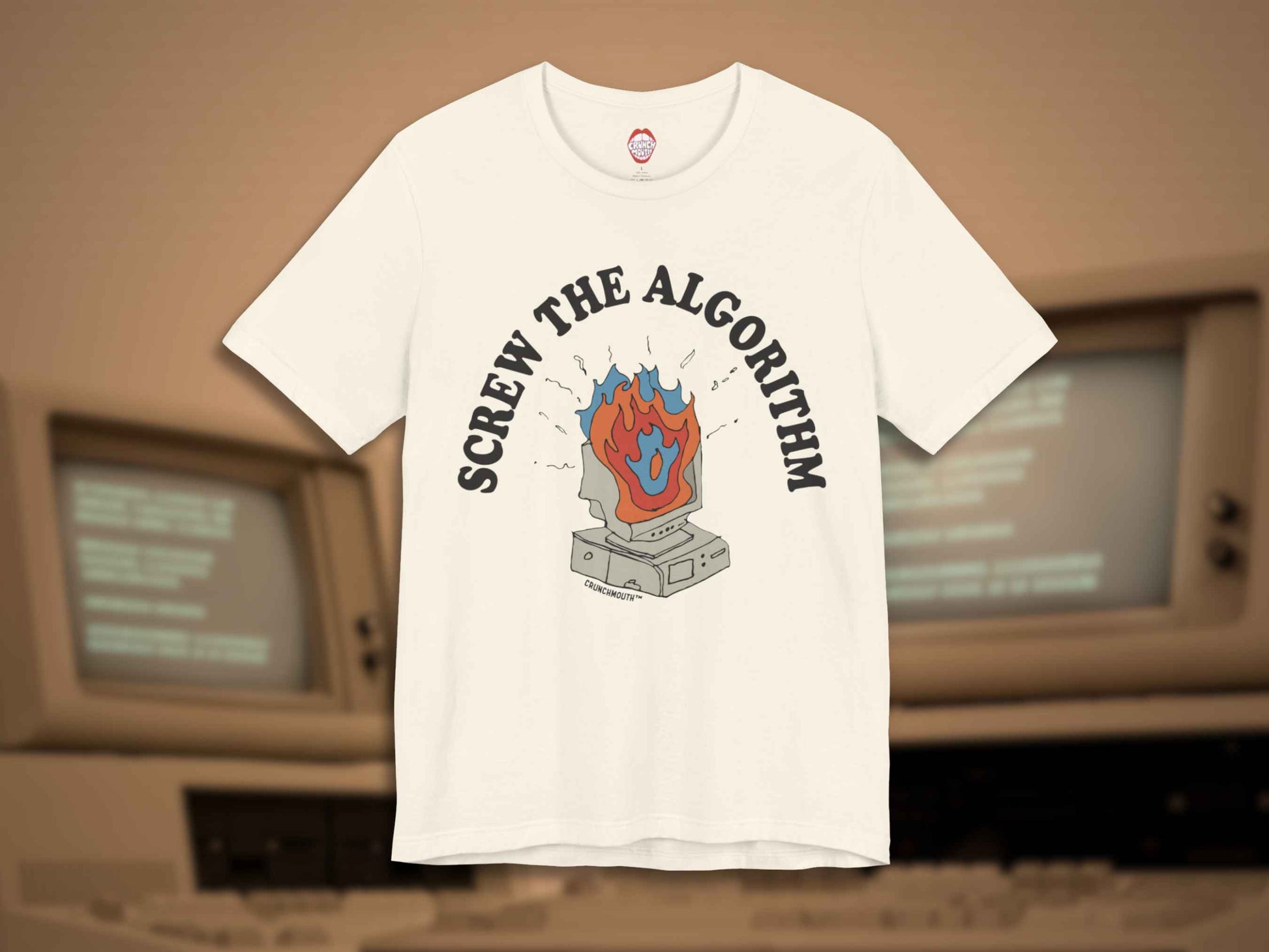 screw the algorithm t shirt, front, vintage computer background