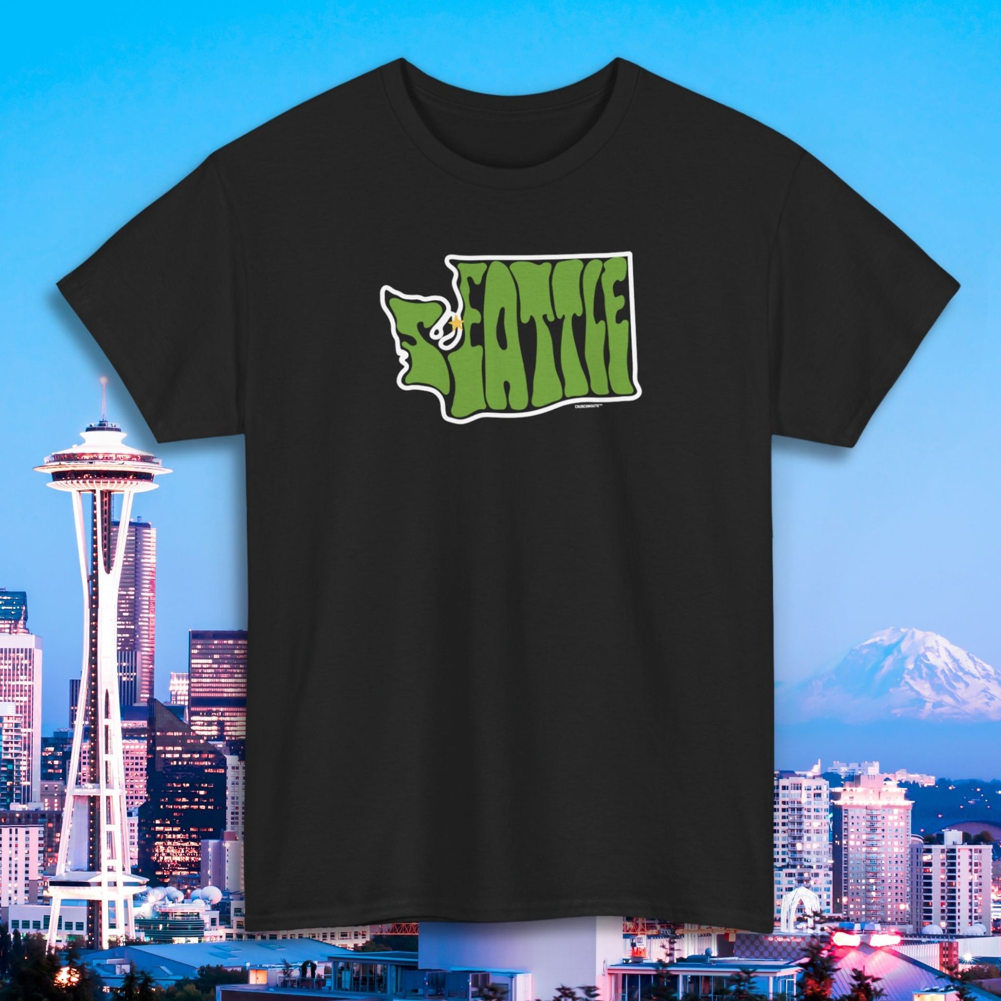 seattle washington shirt, black color, front, seattle skyline background