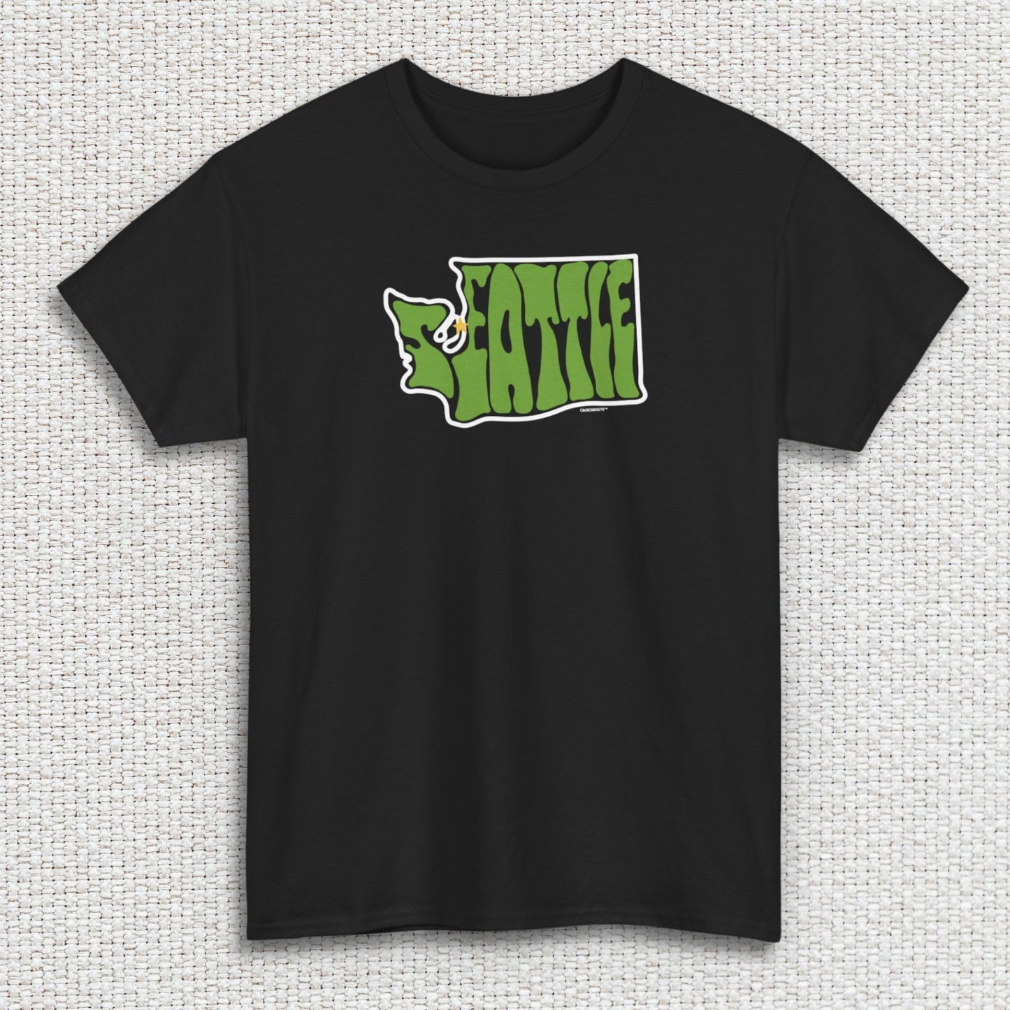 seattle washington shirt, black color, front, textured fabric background