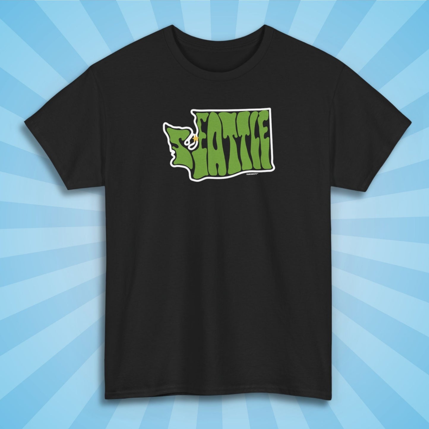 seattle washington shirt, black color, front, sun rays design background