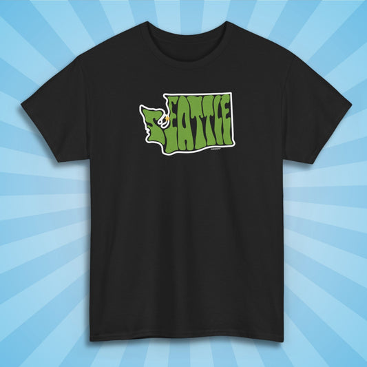 seattle washington shirt, black color, front, sun rays design background