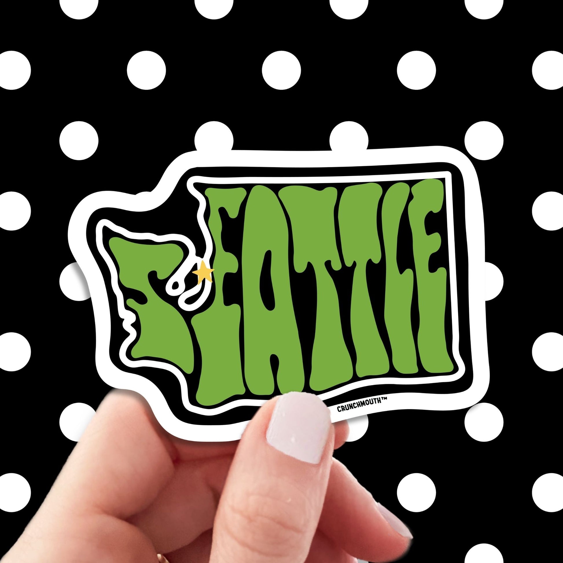 seattle washington travel luggage sticker, hand display, polka dots pattern design background