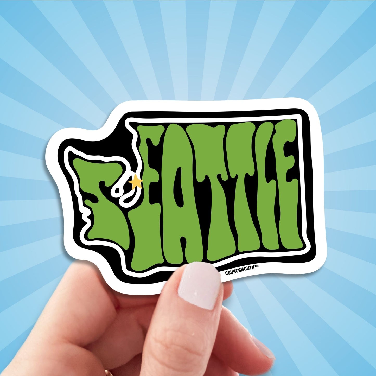 seattle washington travel luggage sticker, hand display, sun rays design background