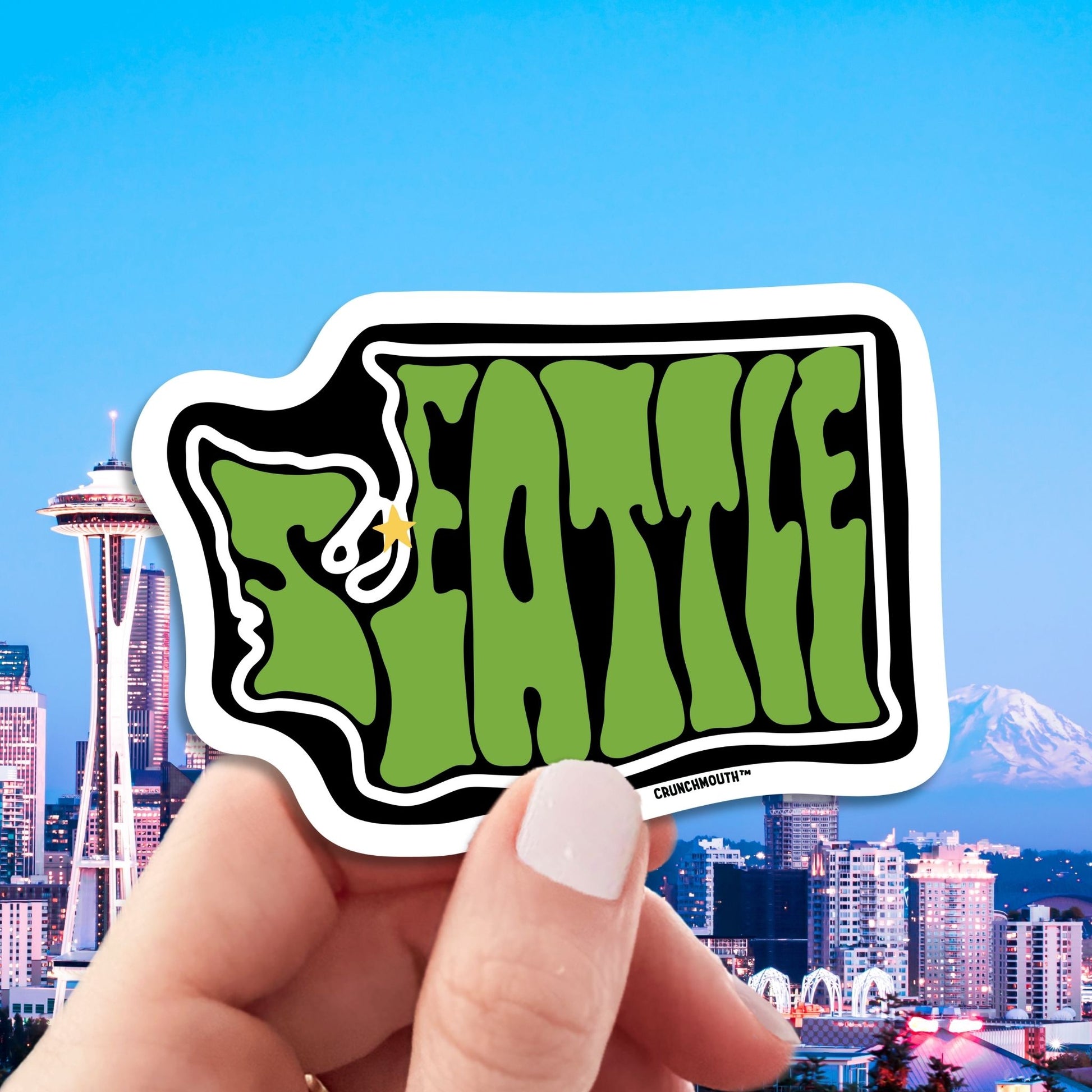 seattle washington travel luggage sticker, hand display, seattle background
