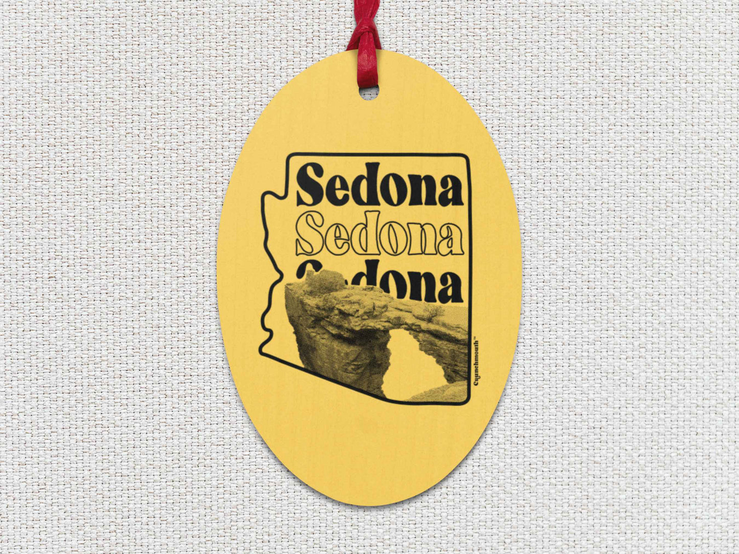 sedona Christmas ornament, front, white textured background