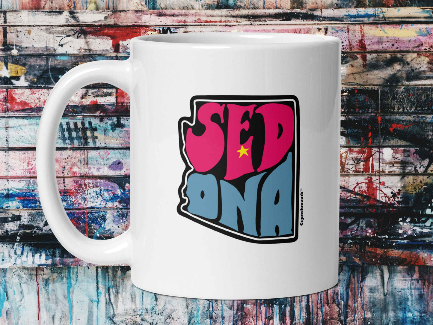 sedona coffee mug, 11oz, handle on left, graffiti wall background