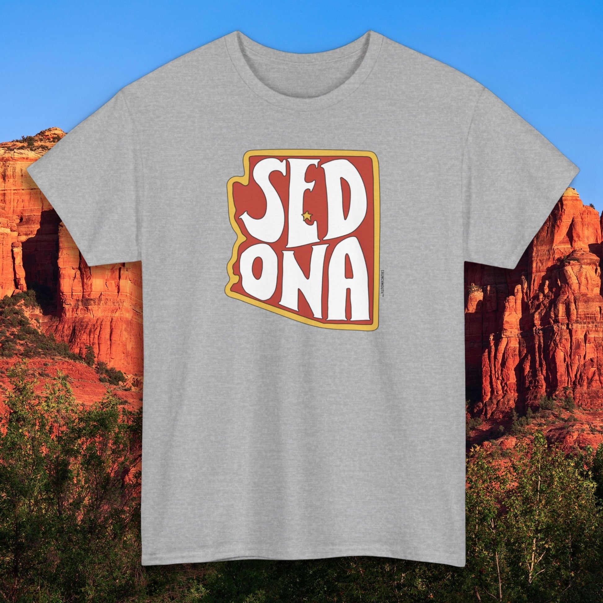 sedona arizona shirt, front, sport grey color, cathedral rock background