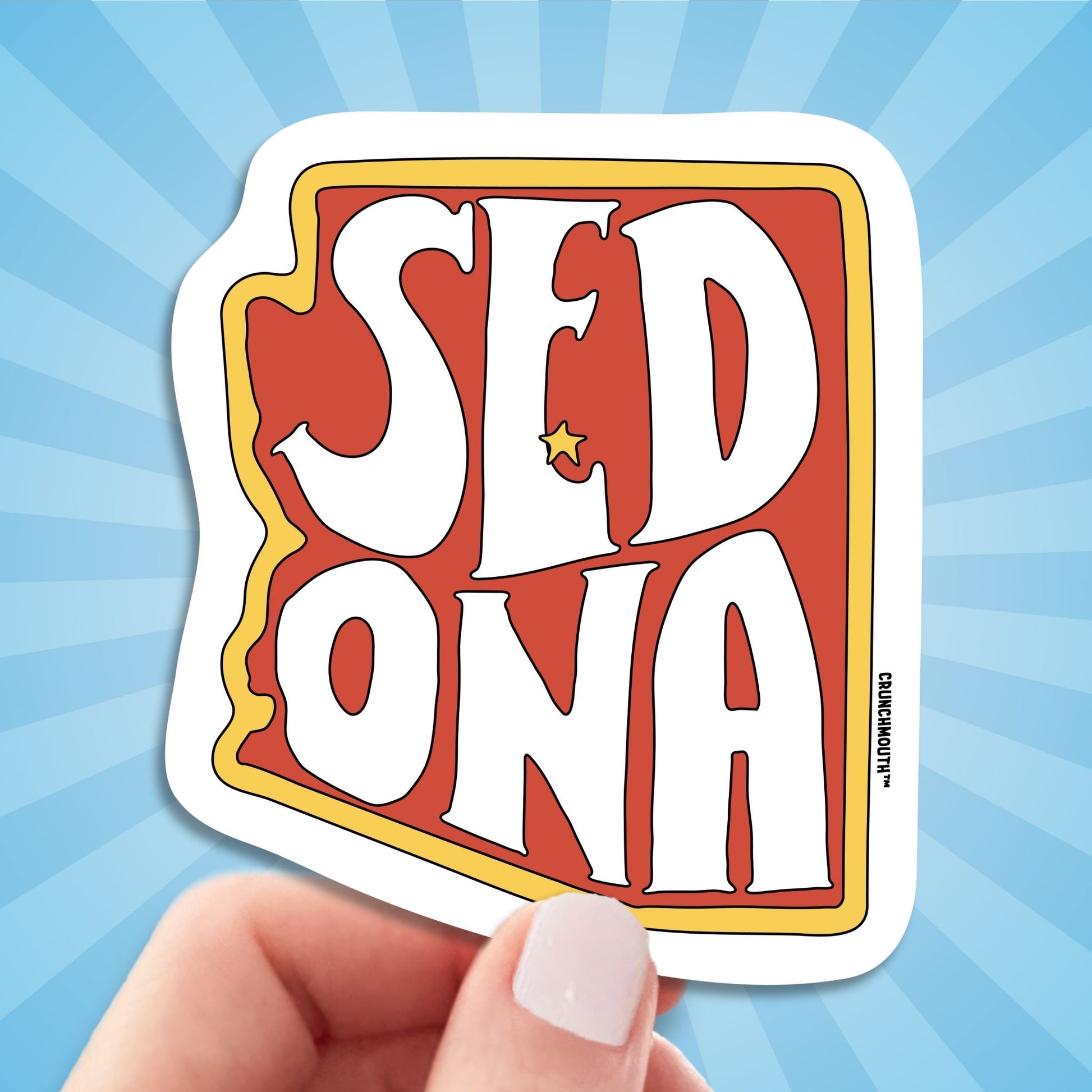 sedona travel luggage sticker, hand display, sun rays design background