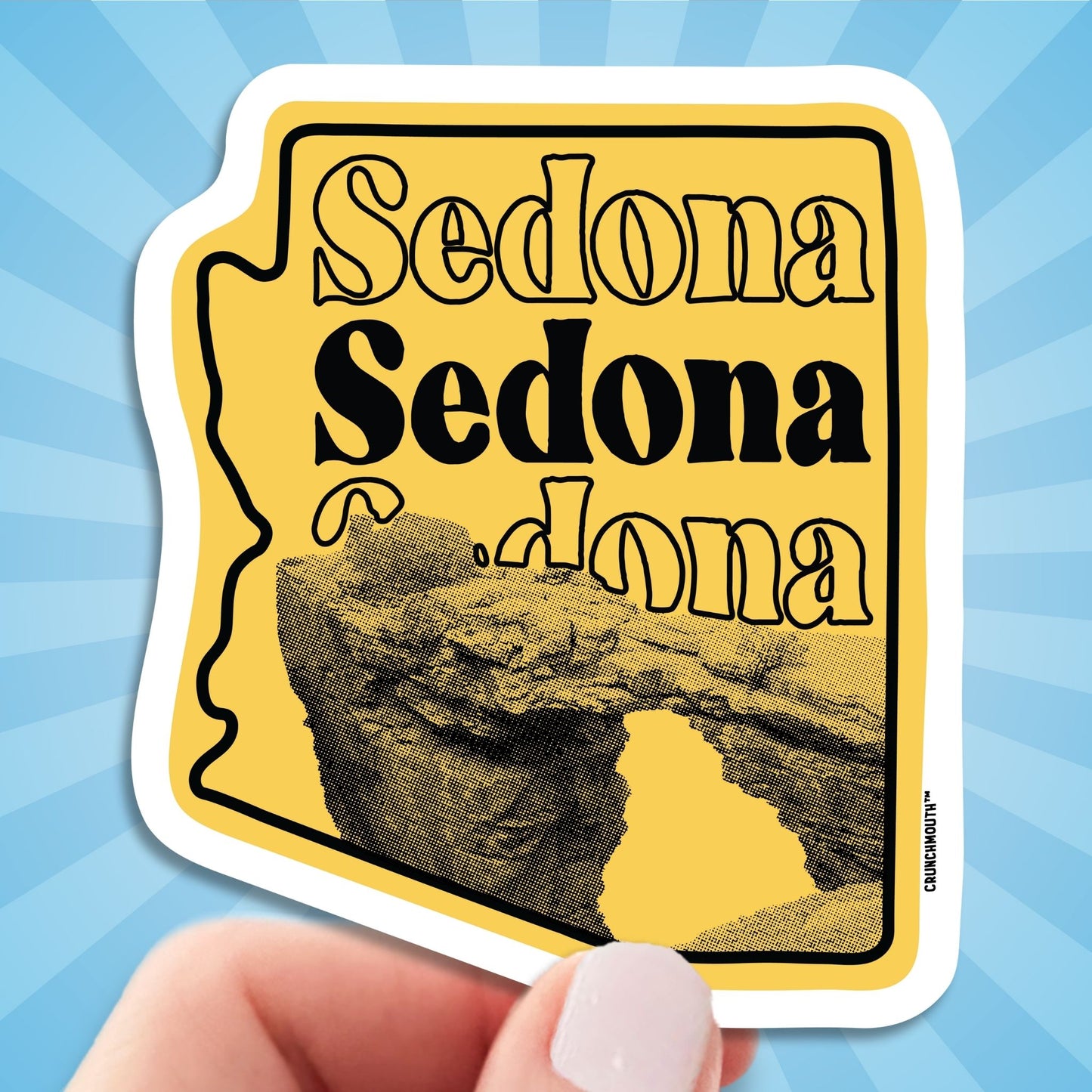sedona arizona laptop sticker, hand display, sun rays design background