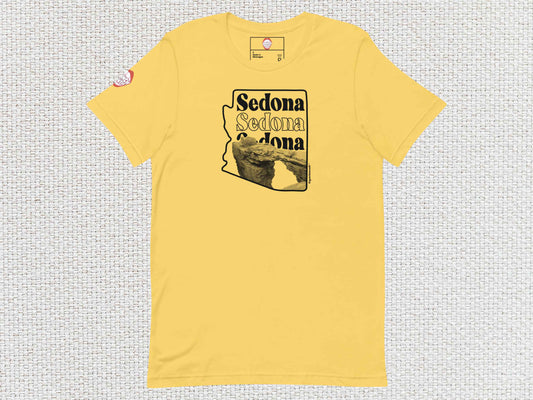 sedona shirt, souvenir t shirts, flat, front, white textured background