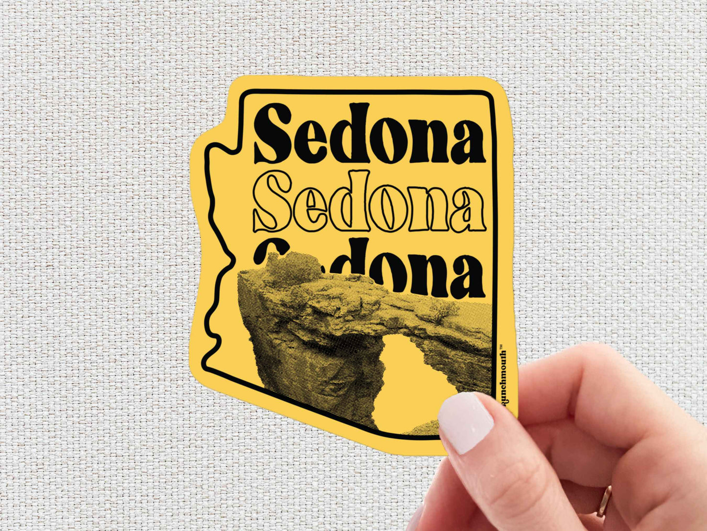 sedona sticker, travel luggage stickers, hand display, white textured background