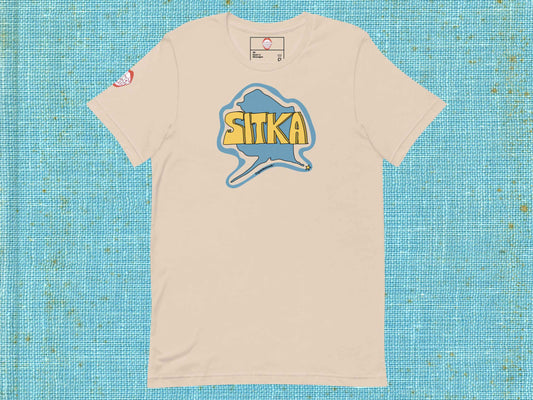 sitka shirt, souvenir t shirts, flat, front, blue textured background