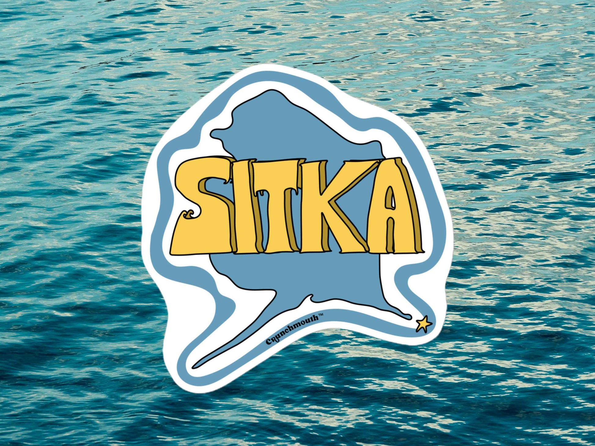 sitka sticker, travel luggage stickers, blue ocean water background