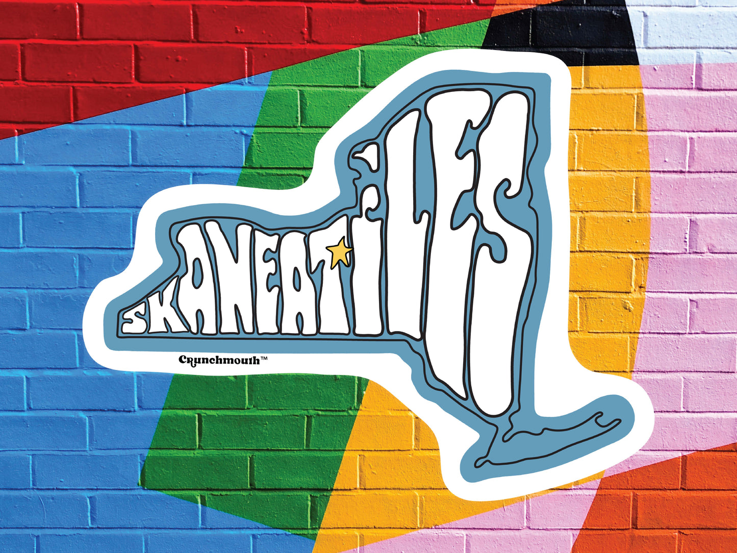 skaneateles laptop sticker, colorful brick wall background