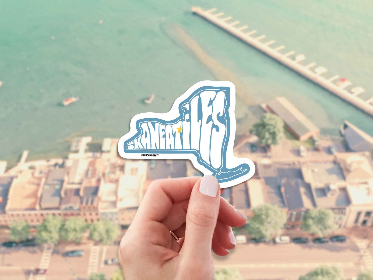 skaneateles travel luggage sticker, hand display, scenic background