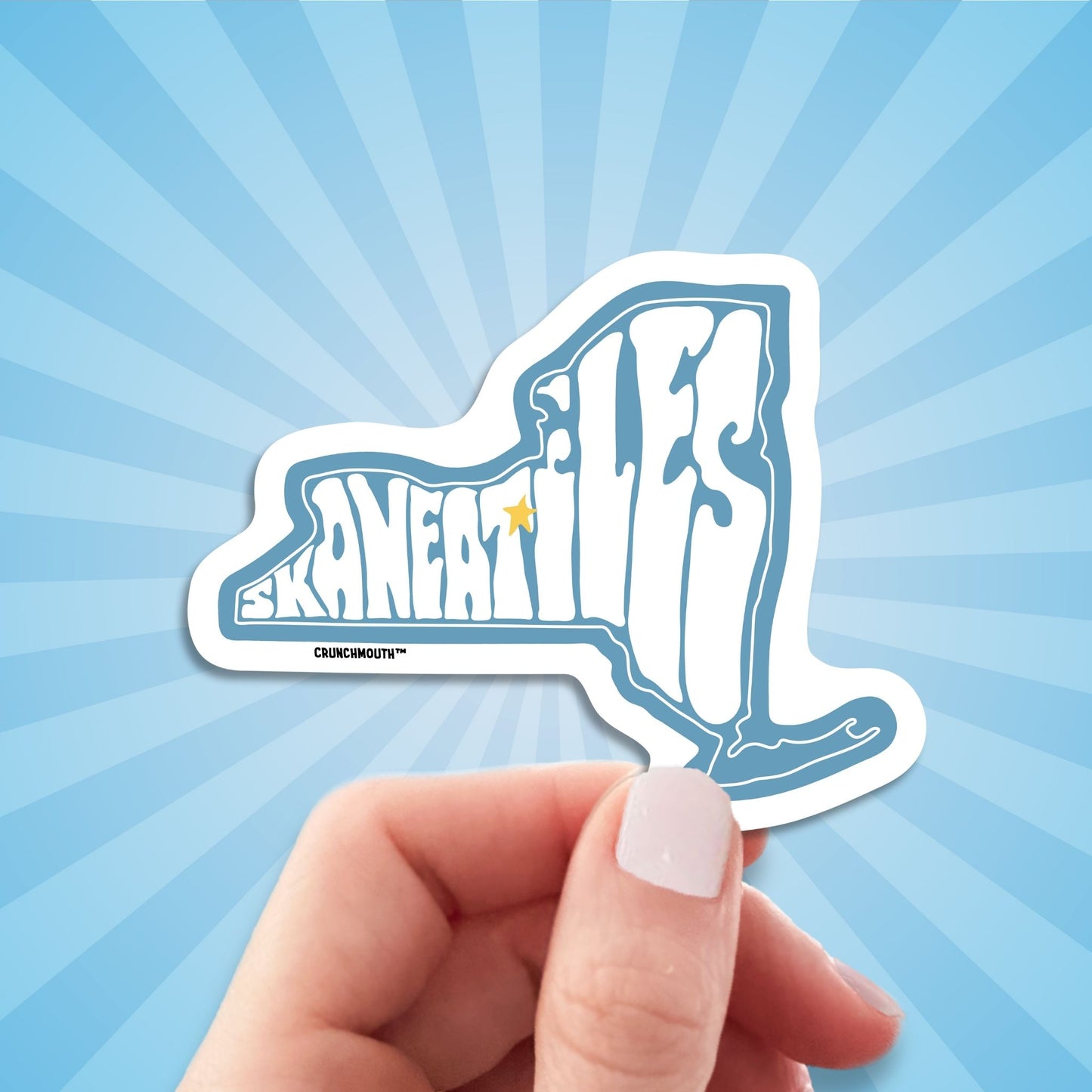 skaneateles new york travel luggage sticker, hand display, sun rays design background