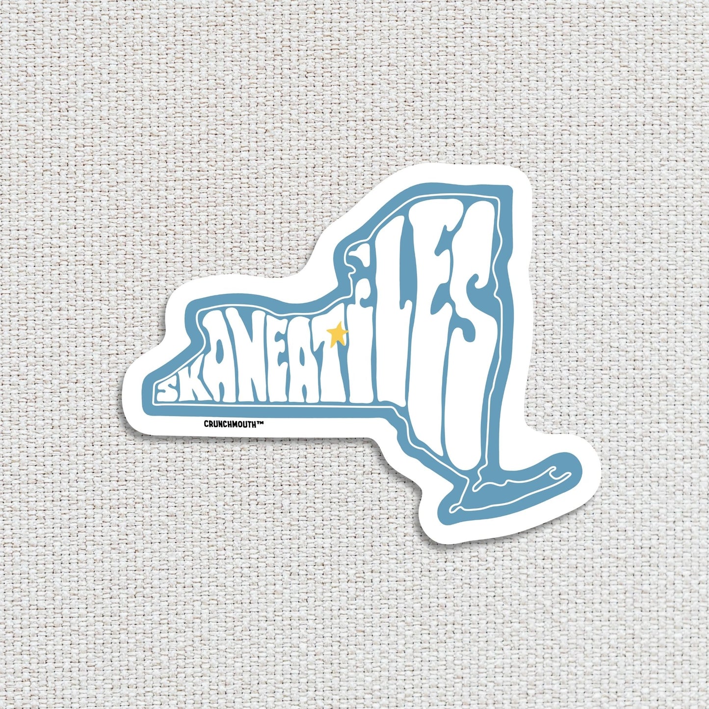 skaneateles new york travel luggage sticker, white textured fabric background