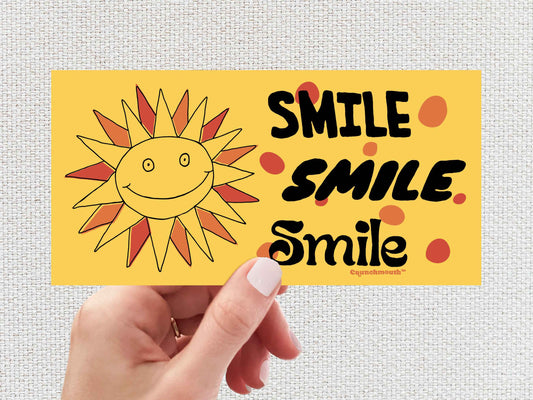 smile smile smile bumper sticker, hippie stickers, hand display, white textured background