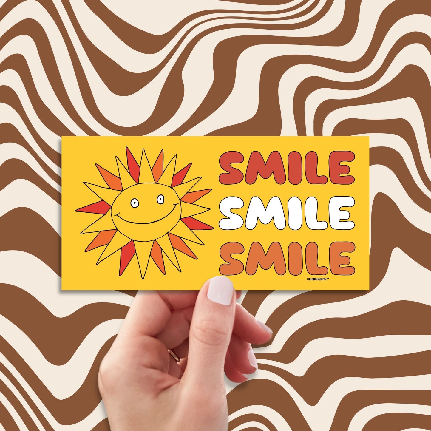 smile smile smile bumper sticker, very bad intentions, hand display, retro design background
